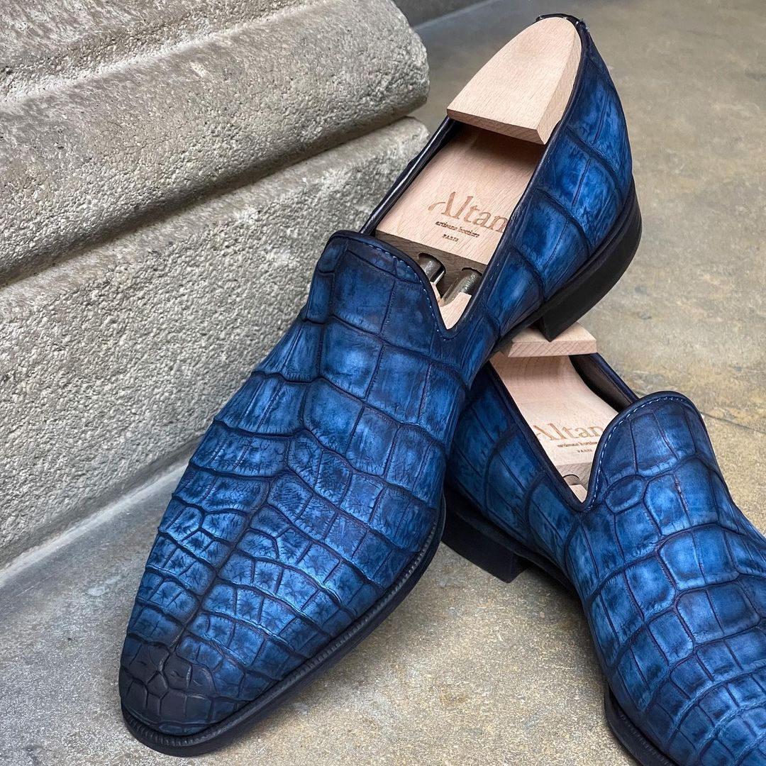 Full Blue Hand-Nabucked Crocodile Loafer